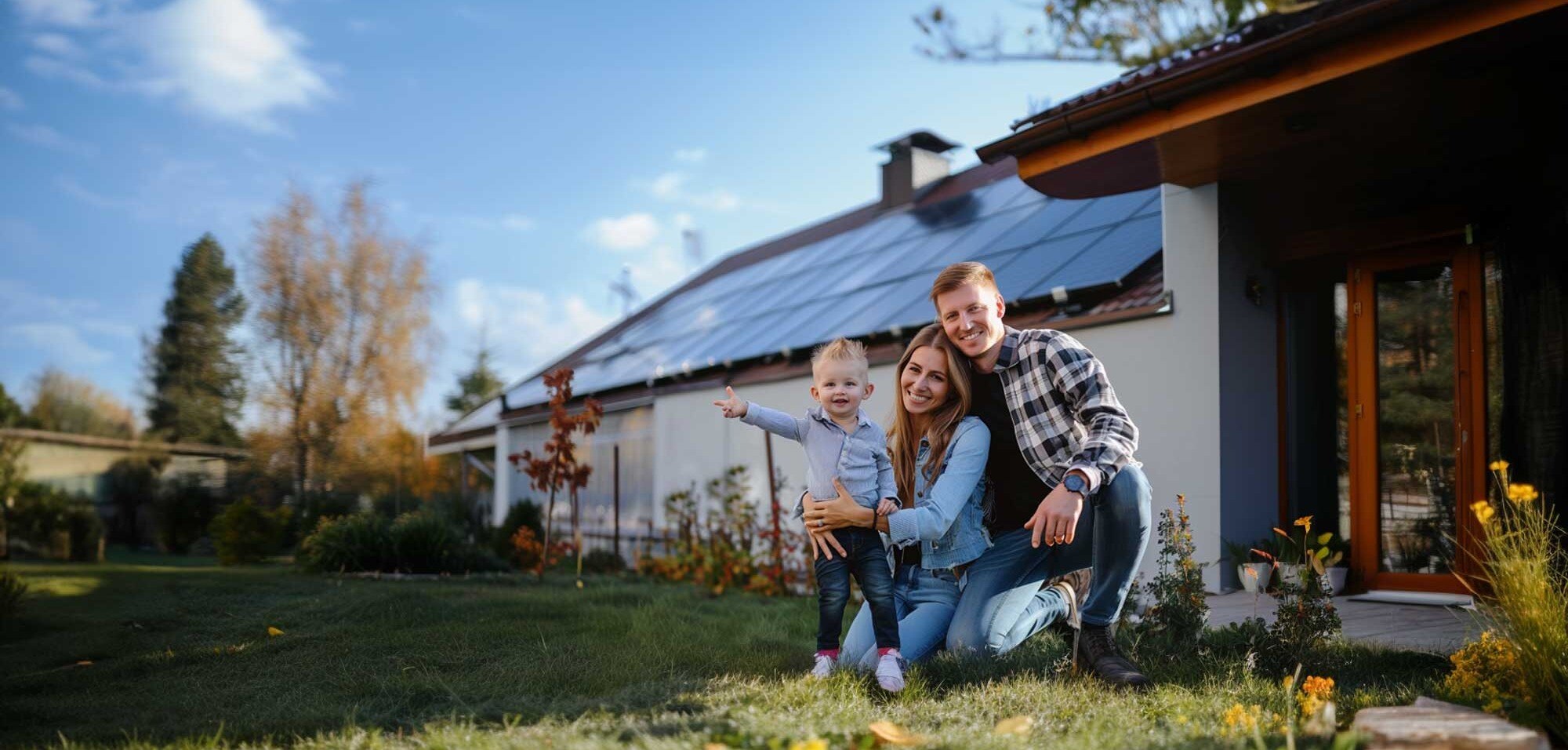 Familie vor ihrem Haus mit PV-Anlage auf dem Dach