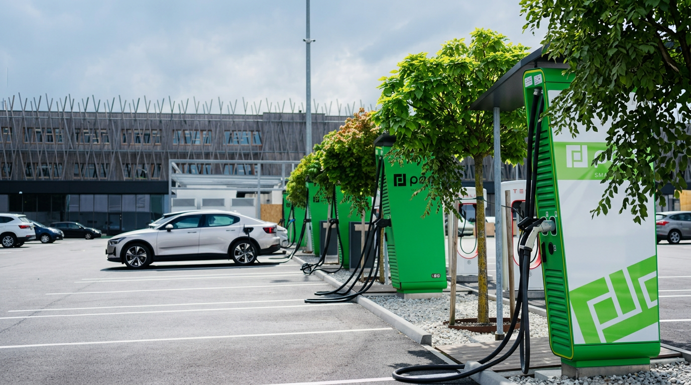 Ladepark der POD-BAU GmbH mit Schnellladestationen und ladendem Elektroauto