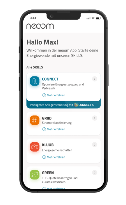 neoom App Skill Übersicht mit CONNECT, GRIID, KLUUB und GREEN