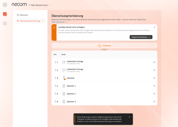 CONNECT Überschusspriorisierung Nutzeroberfläche