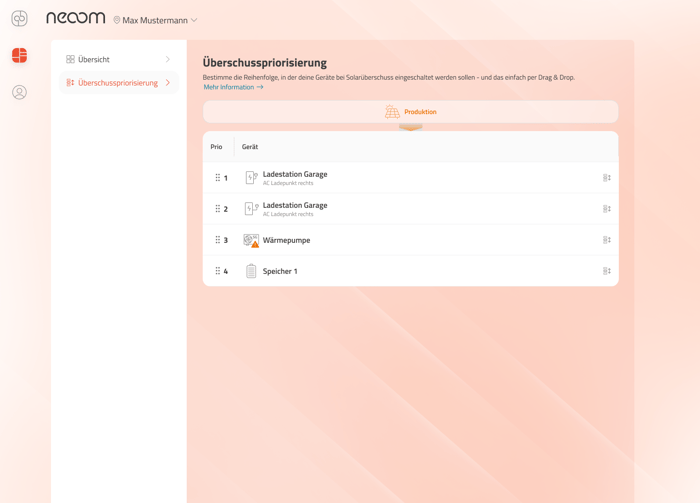 PV Überschusspriorisierung Geräteliste in neoom CONNECT