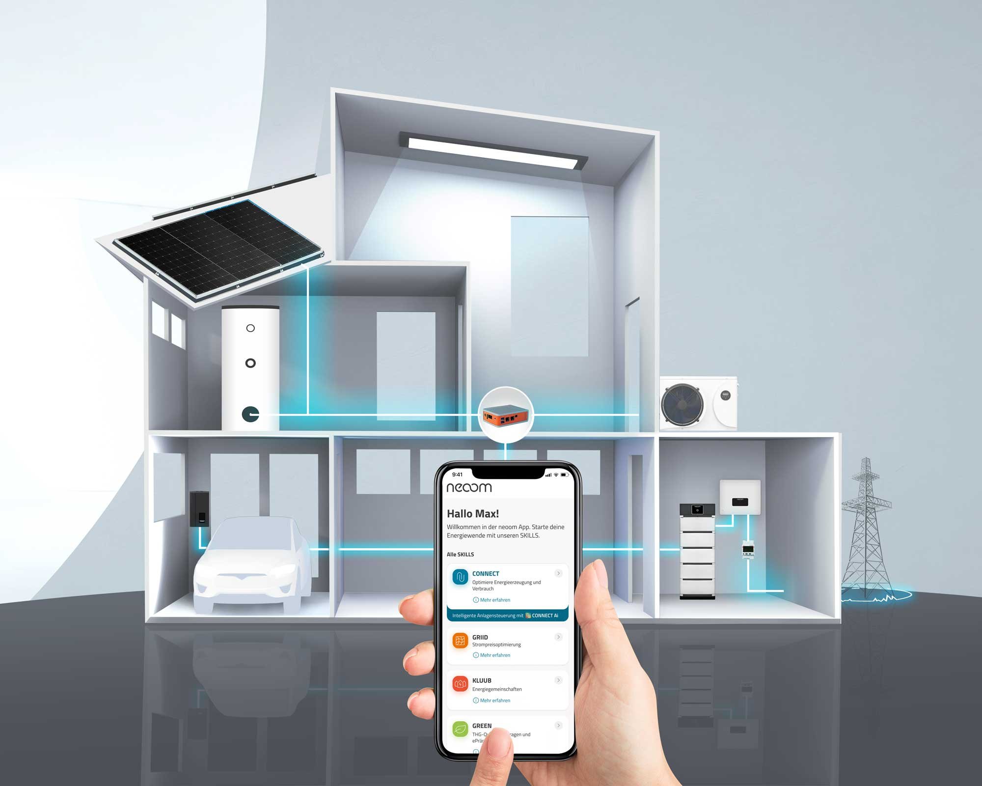neoom CONNECT Haus mit Smartphone